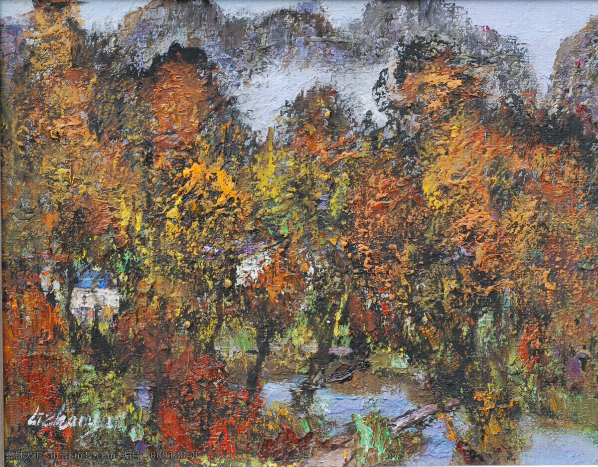 森林 抽象画 油画 中国画 自然风景 自然景观 森林设计素材 森林模板下载 黄的树木 家居装饰素材