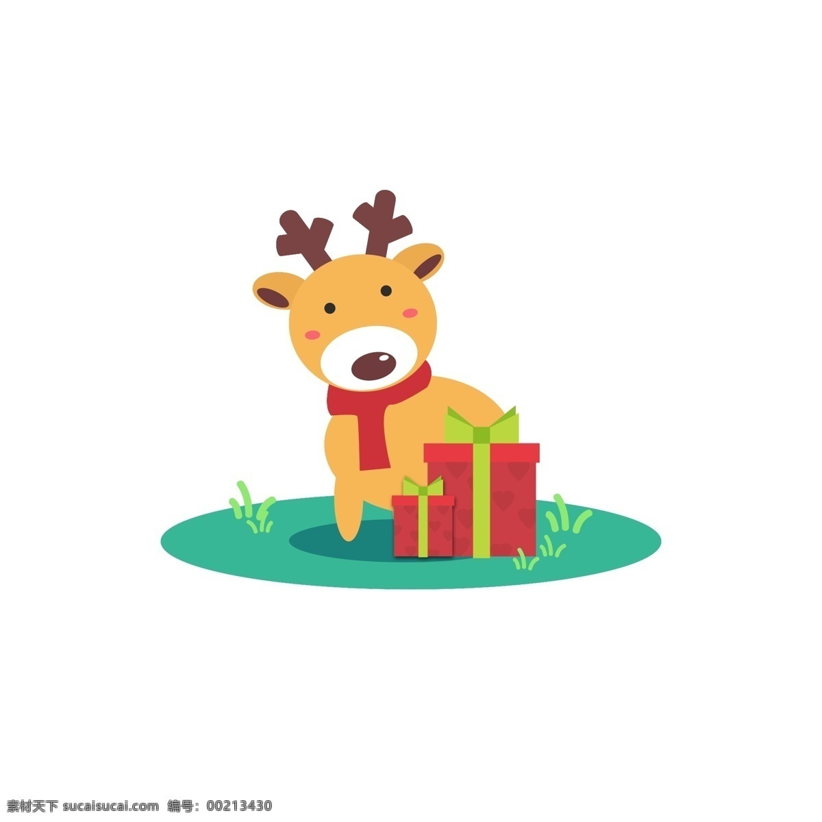 圣诞 麋鹿 原创 插画 商用 元素 礼物 草地 可爱 圣诞节 卡通 动物 配图 节日