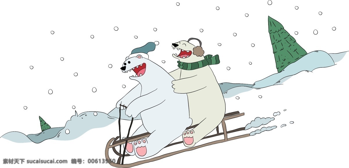卡通 两 只 滑雪 北极熊 矢量 卡通北极熊 大叫的北极熊 两只北极熊 北极熊滑雪 白色的积雪 滑雪工具 绿色的树