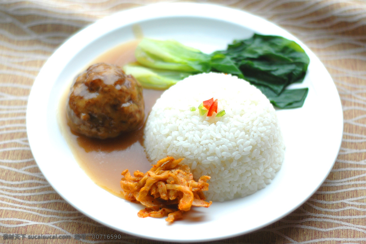 红烧狮子头饭 美味 美食 快餐 肉圆子 青菜 米饭 素材图片 餐饮美食