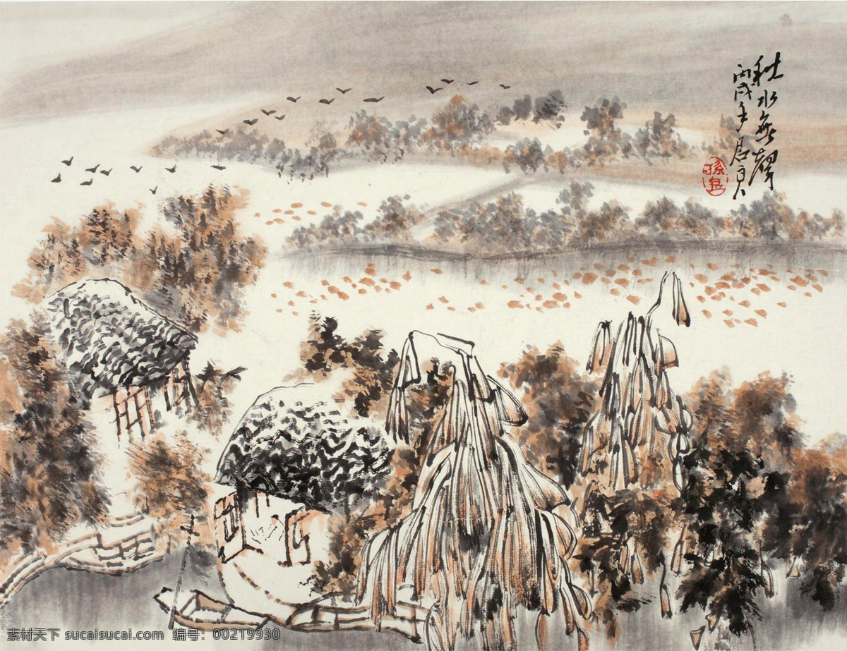 风景 国画 绘画书法 江南 秋天 人家 山水 江南小景 秋水 无声 设计素材 模板下载 秋水无声 孙君良 水居 写意 水墨画 中国画 文化艺术 国画孙君良