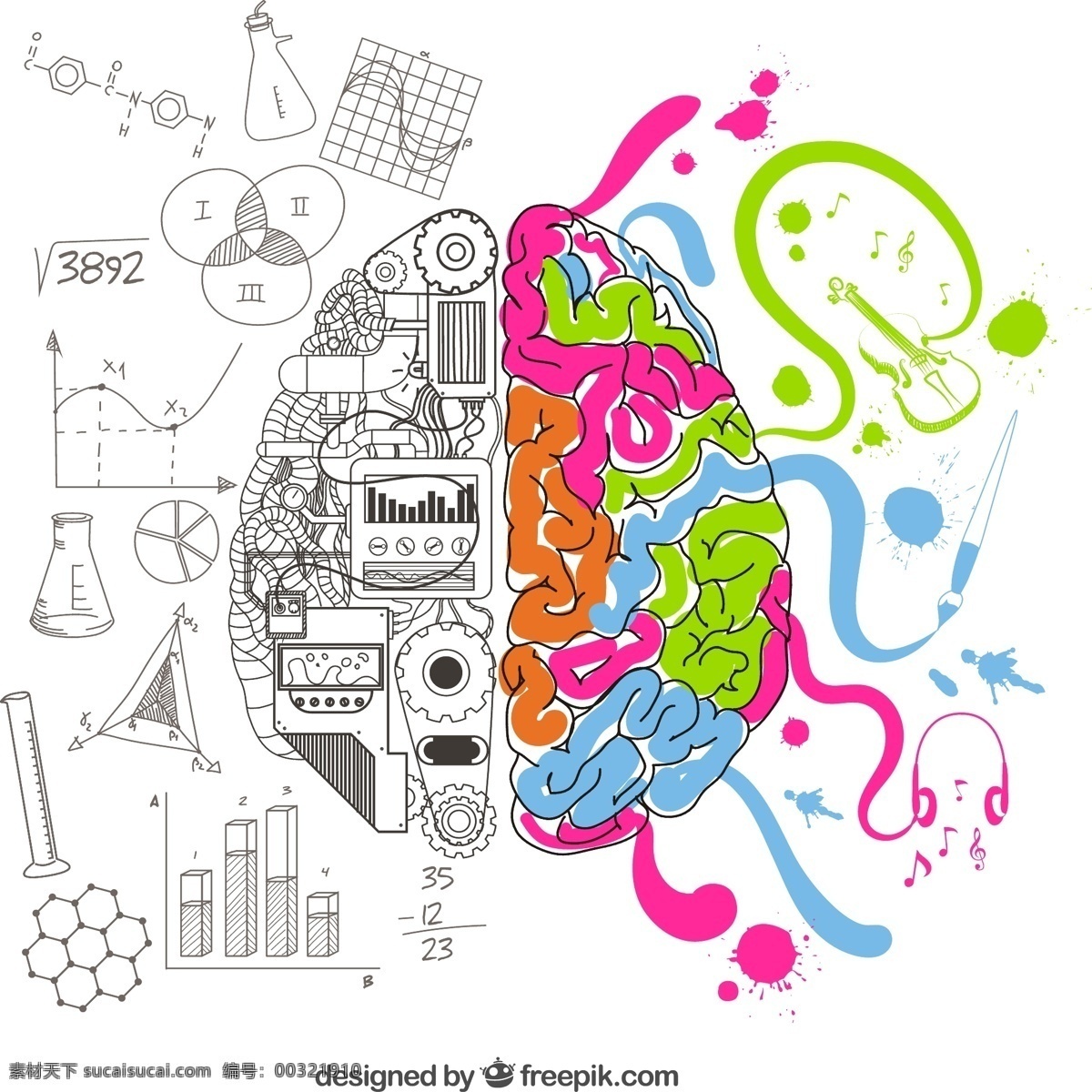 创意 手绘 大脑 半球 涂鸦 风格 绘画 科学 脑 人力 插图 创造力 艺术家 想象力 智力 粗略 左 白色