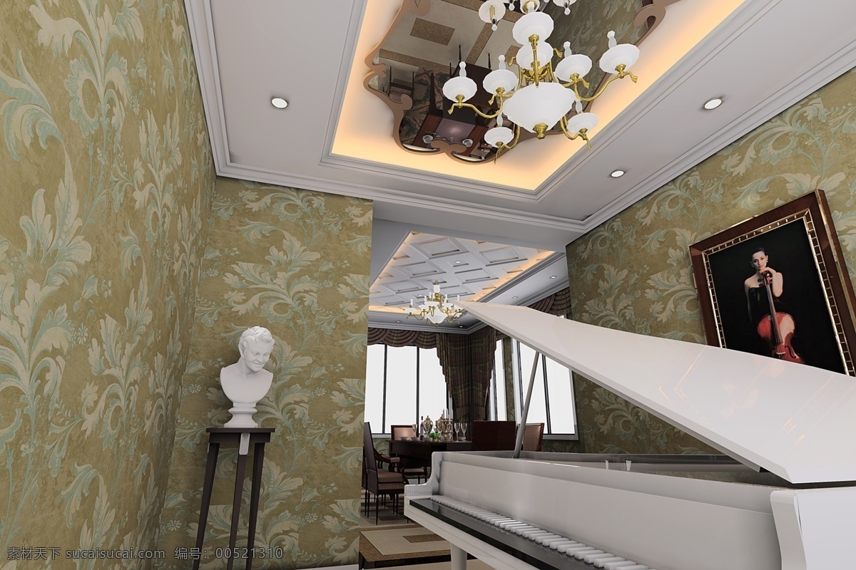 3d设计 3d作品 吊灯 吊顶 钢琴 挂画 简欧 欧式 室 白色烤漆 墙纸 灰镜顶面 线条吊顶 筒灯 石膏人 木线条 花型吊顶 深色 psd源文件