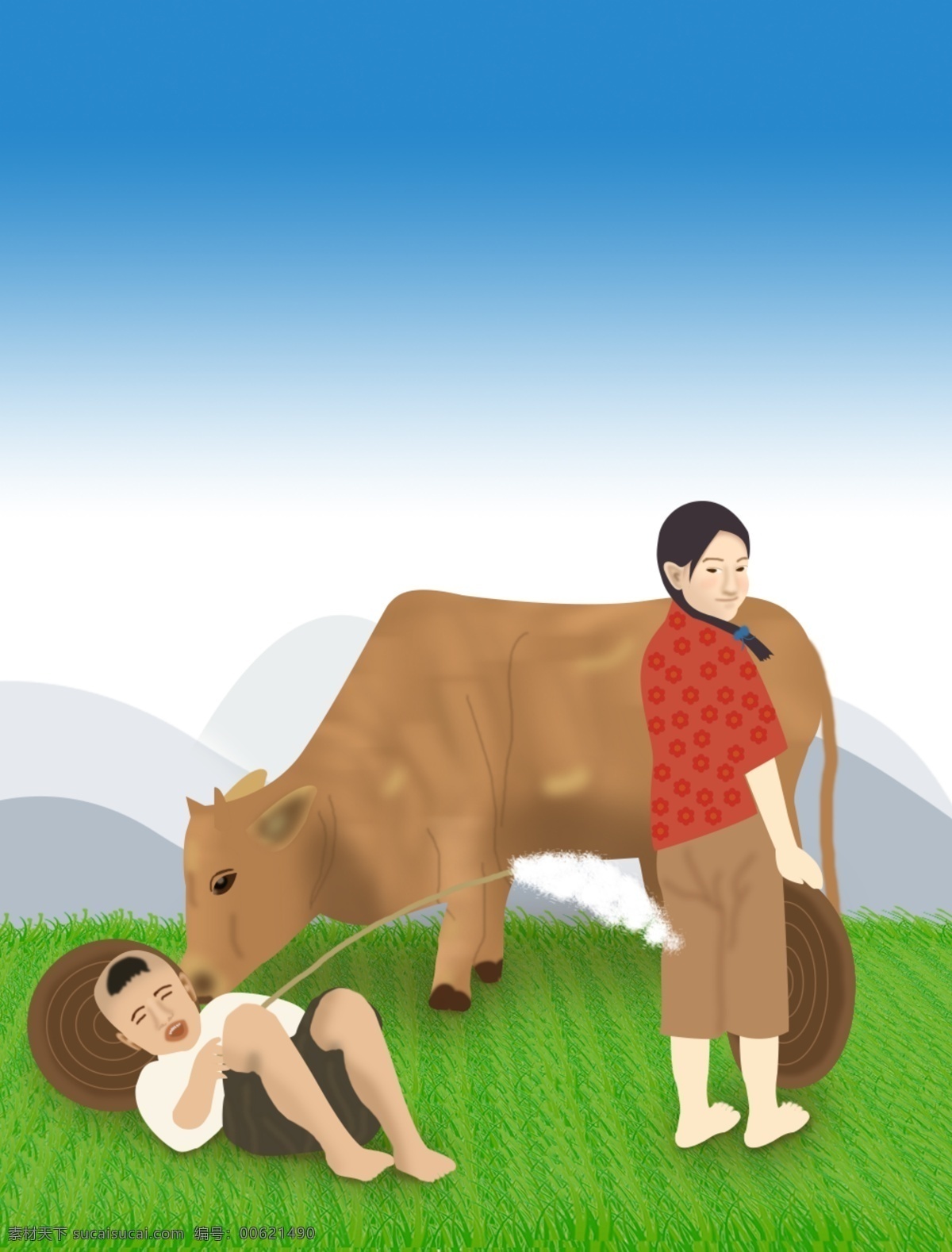 谷雨 节气 节日 季节 平面 插画 春天 夏天 牛 小孩 手绘 女孩 男孩 草地 蓝天 山 海报