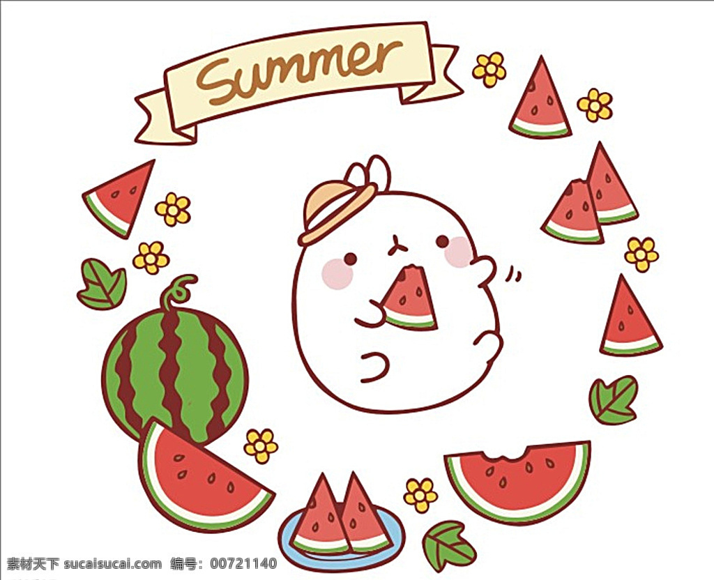 molang 韩国 卡通 可爱 兔子 棉花糖 西瓜 夏天 矢量动漫 动漫动画 白色