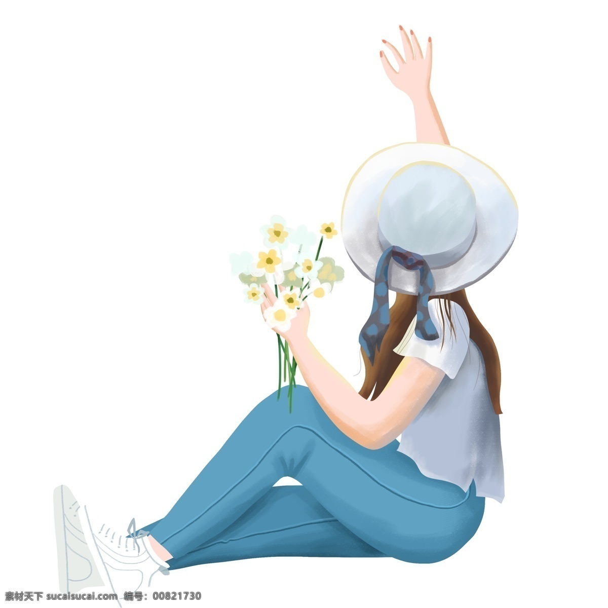 文艺 女孩 人物 背影 淡色 戴帽子 手绘 绘画 卡通 简约 小清新 装饰 彩色