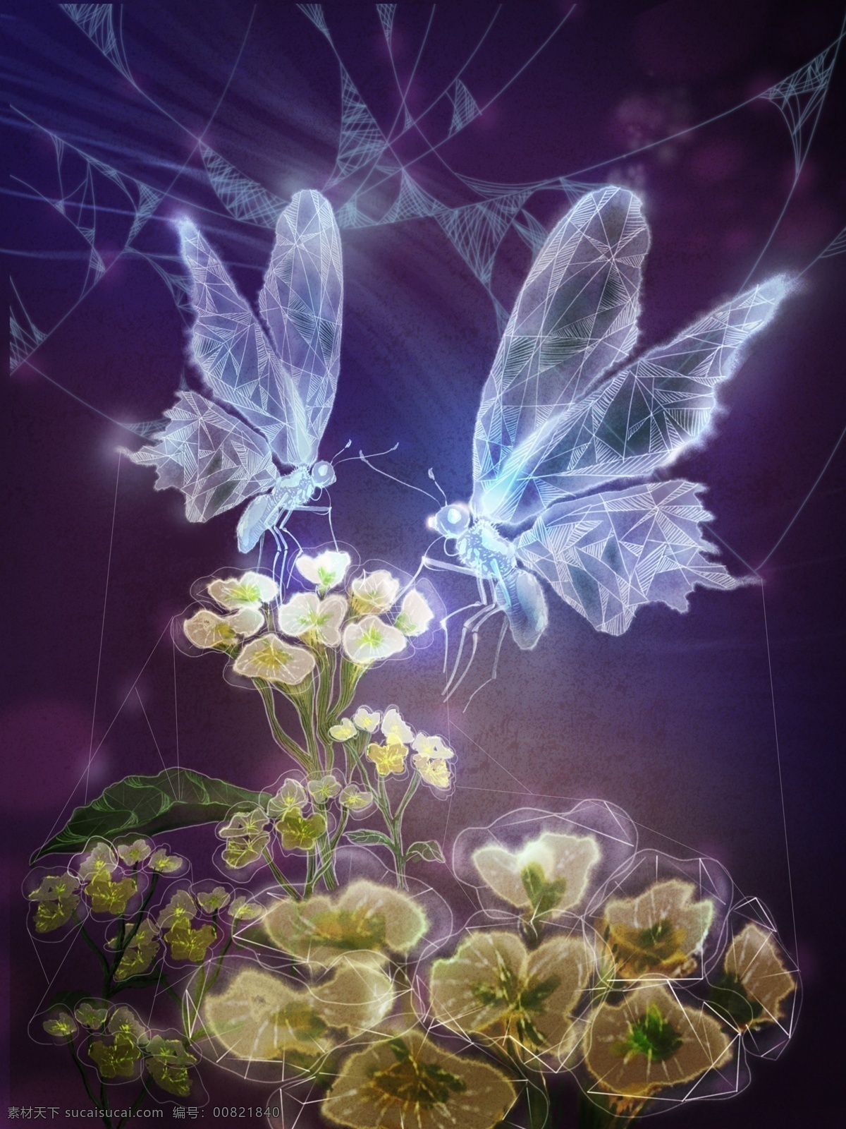透明感 昆虫 蝴蝶 黄色 小花 插画 黑色 梦幻 植物