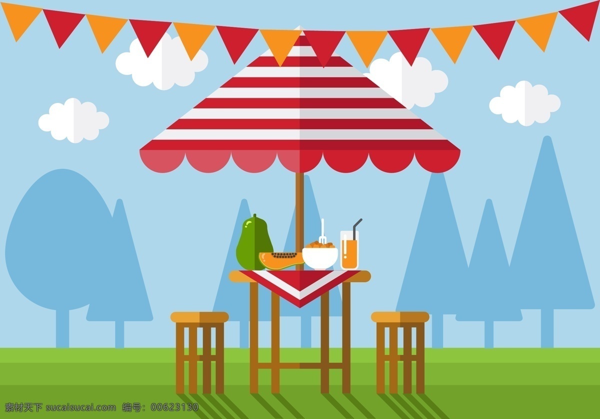 户外 派对 矢量 草地 桌子 椅子 矢量素材 遮阳伞 彩旗 美食派对 咖啡
