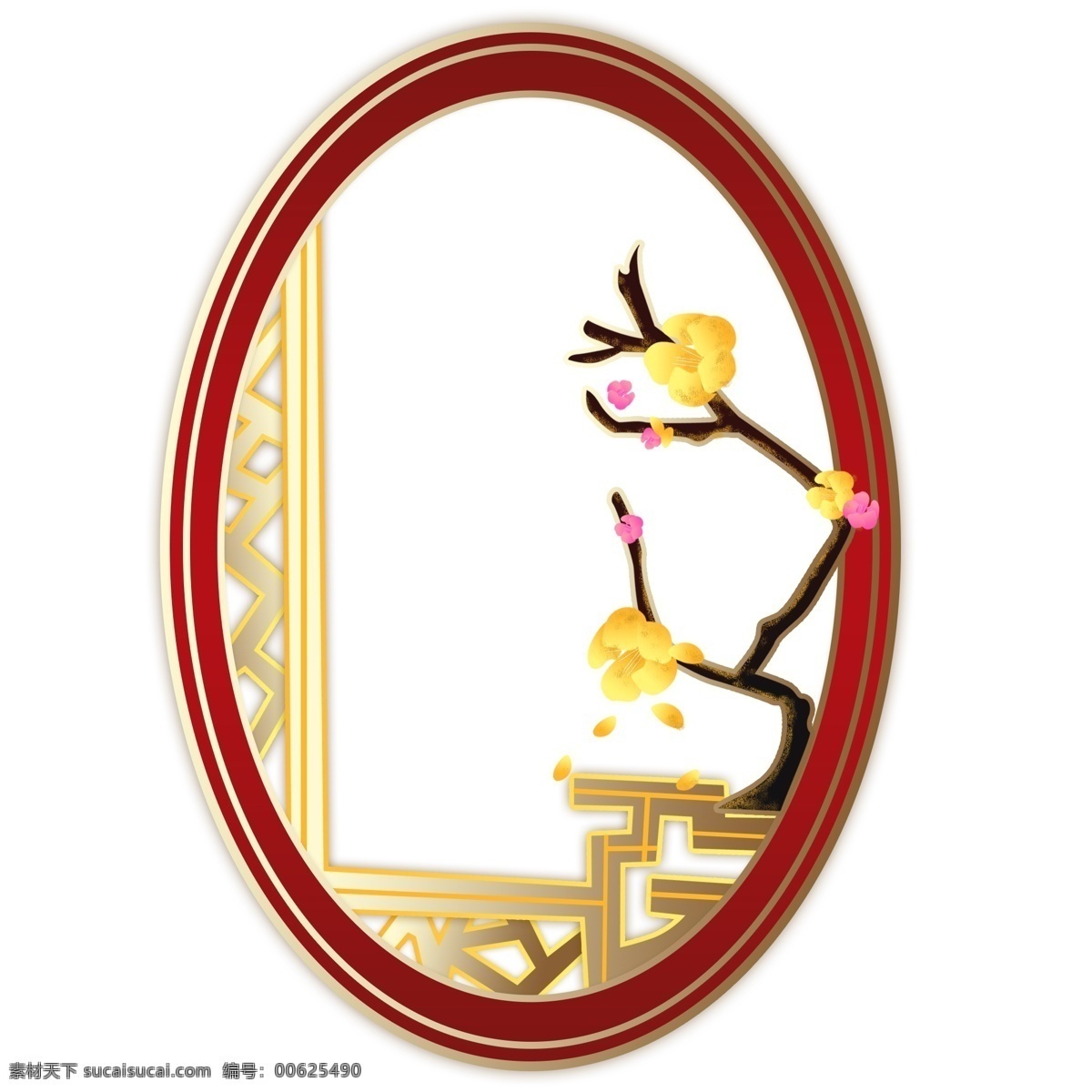 梅花 黄色 金色 椭圆 边框 手绘 红色金色 喜庆 窗框 新年 春节 中式 复古 创意简约 装饰 免扣