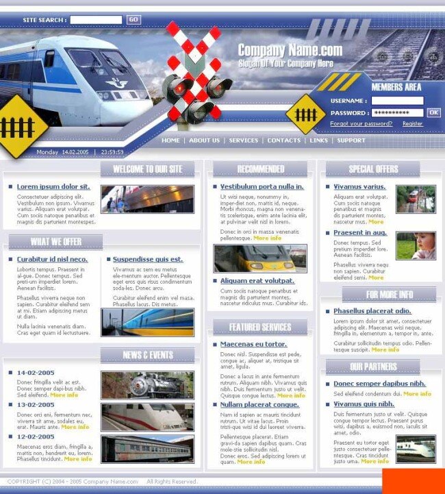高铁 信息 动态 网页模板 火车 欧美风格 蓝色色调 网页素材