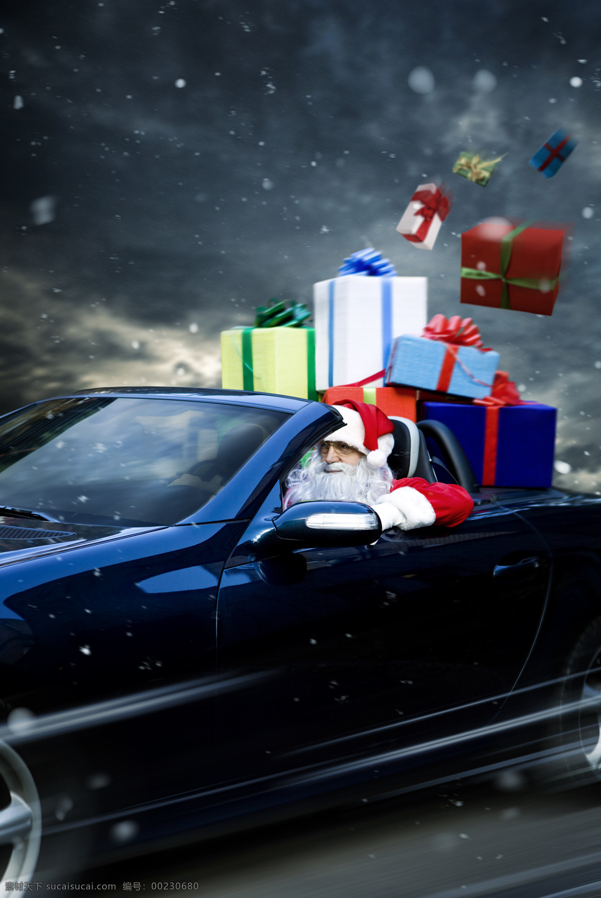 开跑 车 圣诞老人 圣诞节 节日素材 喜庆 开车 跑车 礼物 老人图片 人物图片