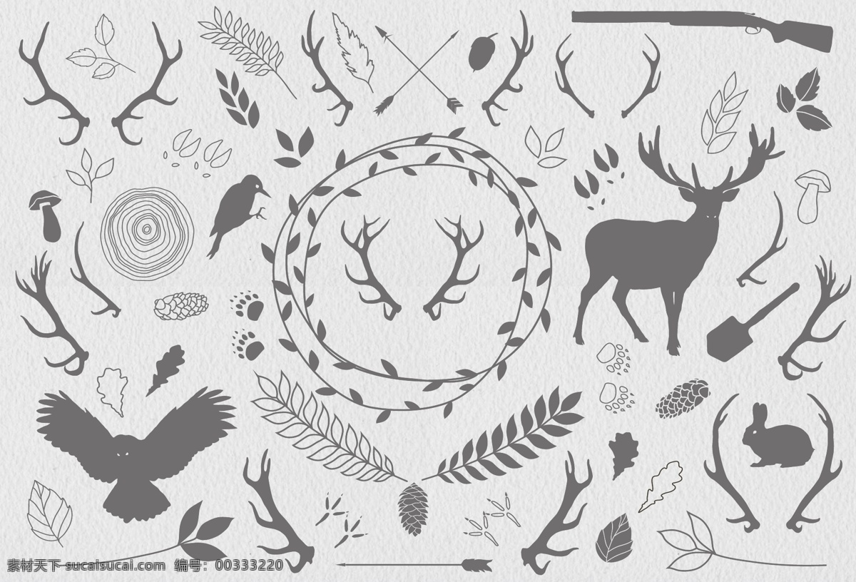 手绘 森林 动物 插画 手绘动物 动物剪影 手绘植物 手绘花卉 手绘树叶 矢量素材