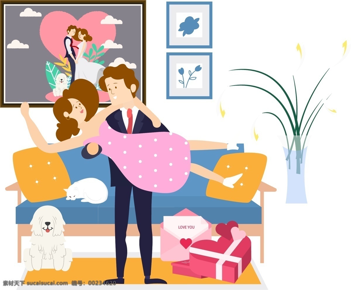 卡通 插 画风 拥抱 情侣 猫 沙发 画框 室内 礼物 拥抱的情侣 夫妻 情人 新婚夫妇 男人 女人 公主抱 狗 宠物 盆栽