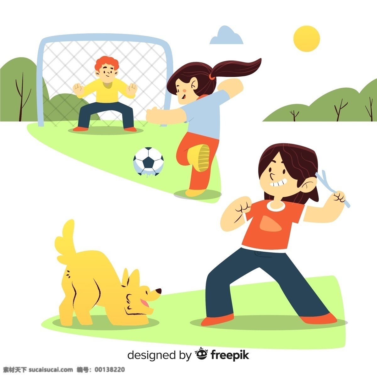 创意户外玩耍 创意 户外 玩耍 儿童 足球 足球网 狗 树木 草地 人物 生活百科 休闲娱乐