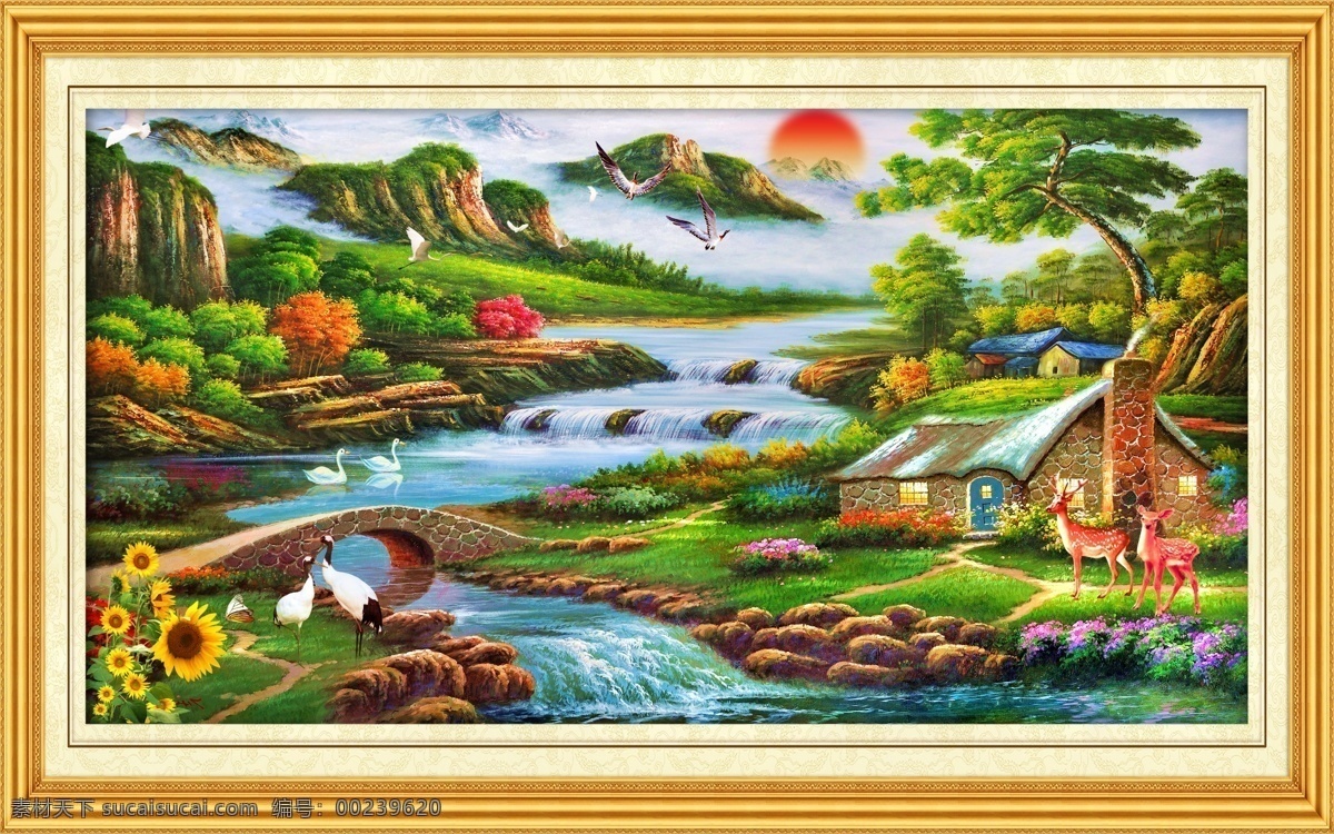 油画风景 中堂画 油画 壁画 风景壁画 风景山水壁画 山水画 瀑布 山水风景 瀑布风景 山水 风景画 自然风景 风景 客厅画 大厅画 风水画 家居装饰画 室内装饰画 室内装饰 休闲场所装饰 画框 相框 镜框 边框 山水挂画 山水壁挂 大树 天鹅 小屋飞鸟 太阳 雪山 湖光山色 蓝天 白云 仙鹤 中堂壁画 分层 源文件