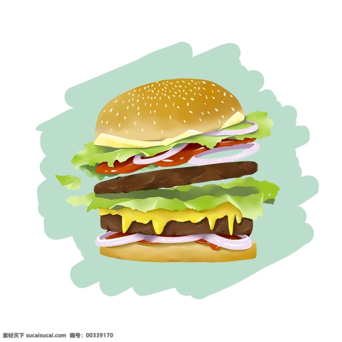 手绘 原创动漫 食物 快餐 食品 牛肉 芝士 汉堡 生菜 原创 汉堡包 hamburger 番茄酱 洋葱圈