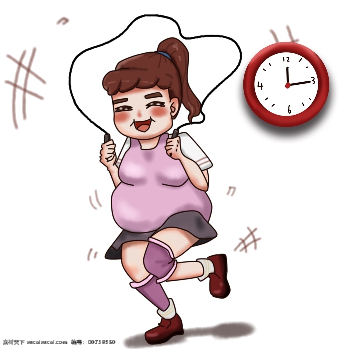 动漫 厚 涂 跳绳 减肥 小 胖妞 插画 小胖妞 闹钟 紫色 运动服 护膝 锻炼 绳子 努力 辛苦 胖胖的 时间 动一动 原地跳绳
