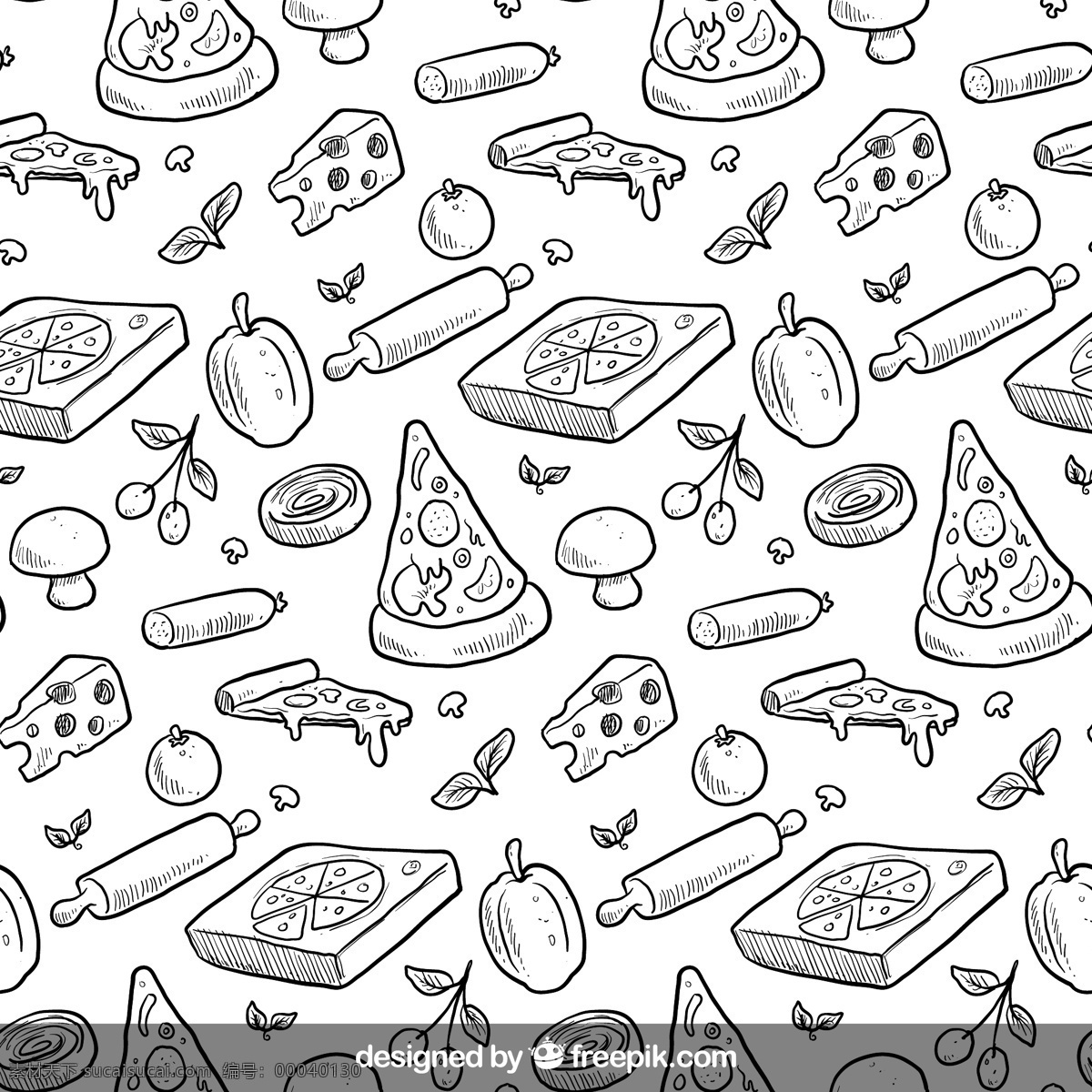 手绘 披萨 无缝 背景图片 柿子椒 蘑菇 香肠 橙子 奶酪 擀面棍 矢量 高清图片