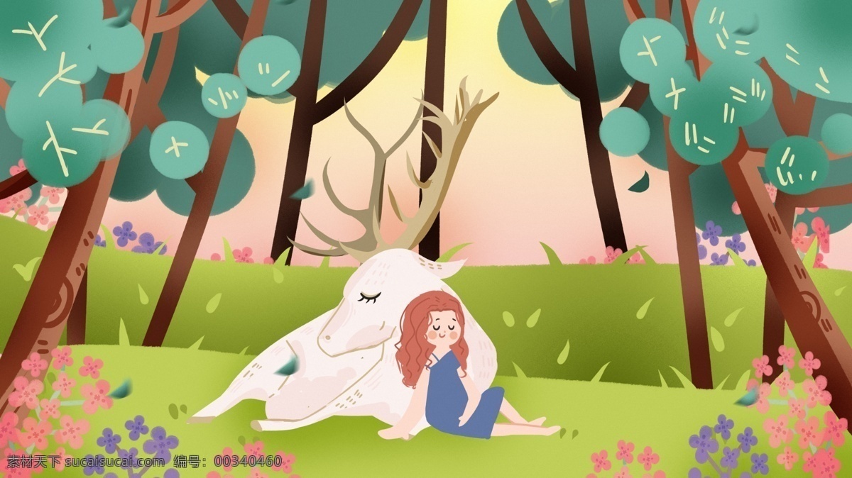 小鹿 森林 精灵 梦幻 仙境 树林 插画 手绘 海报 少女