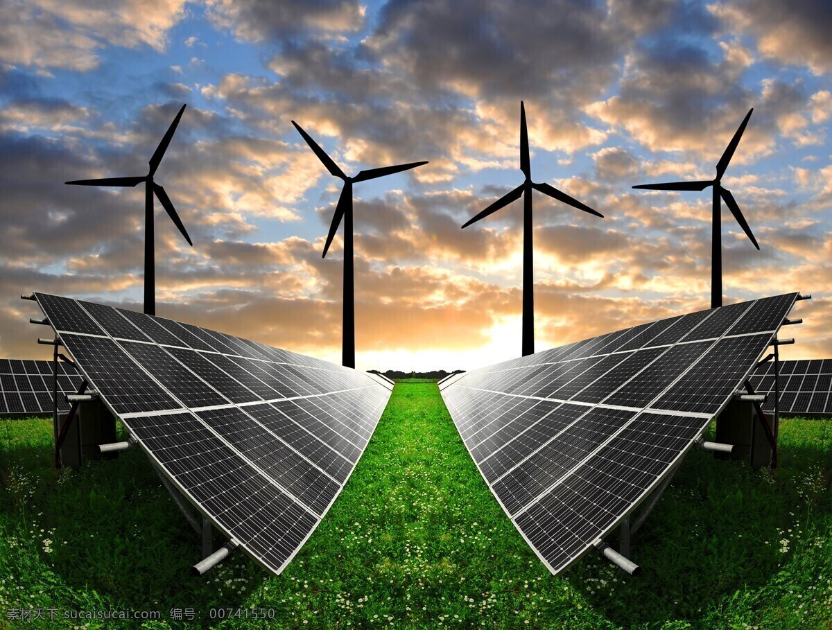 风车 太阳能 电力风车 风力发电 晚霞 夕阳 霞光 落日 太阳能发电 绿色环保 绿色能源 太阳能电池板 绿色电力 太阳能板 环保 大风车 工业生产 现代科技 自然风光 可再生能源 自然景观 现代工业 再生能源 环保能源