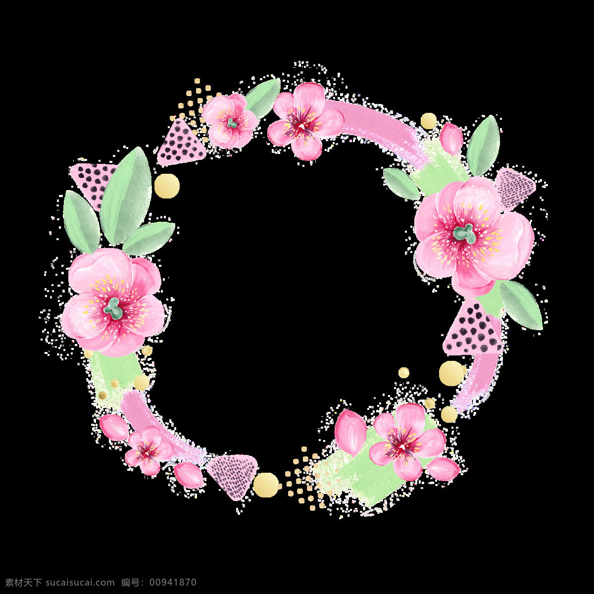 文艺 粉色 花朵 手绘 花环 装饰 元素 花瓣 花环图案 浅绿色树叶 清新风格 水彩玫瑰花