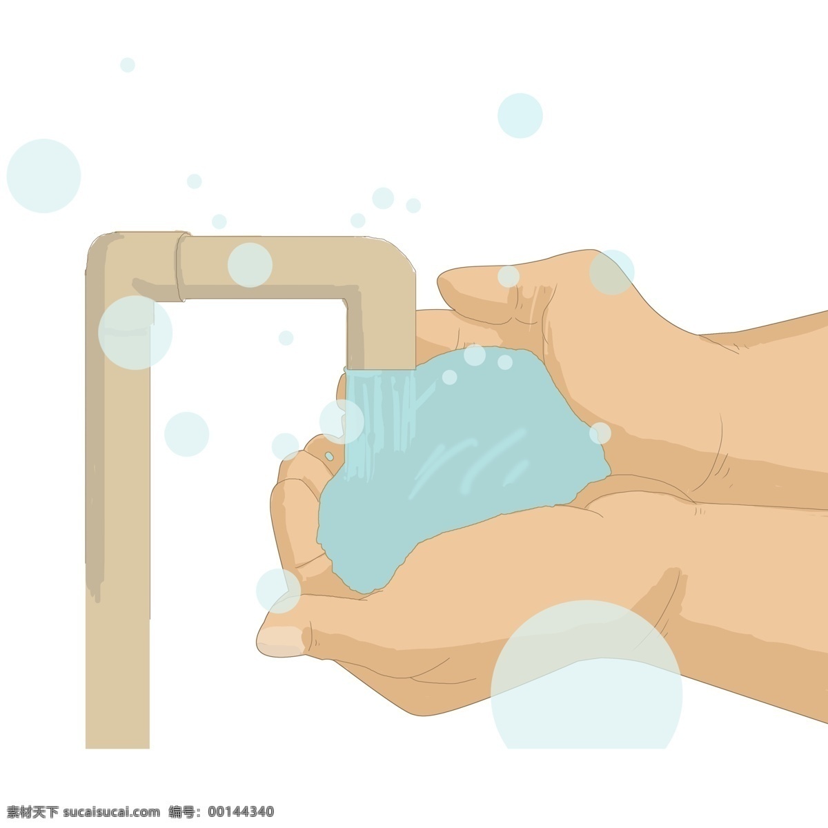 清新 创意 洗手 日 元素 水龙头 水 气泡 洗手日 手 手绘
