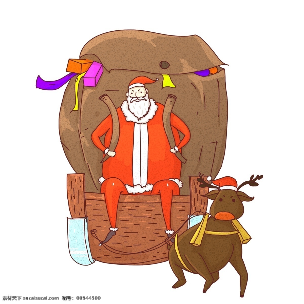 圣诞节 圣诞老人 麋鹿 背着 大礼包 插画 圣诞礼物 冬季 圣诞老人手绘 圣诞节插画 圣诞夜
