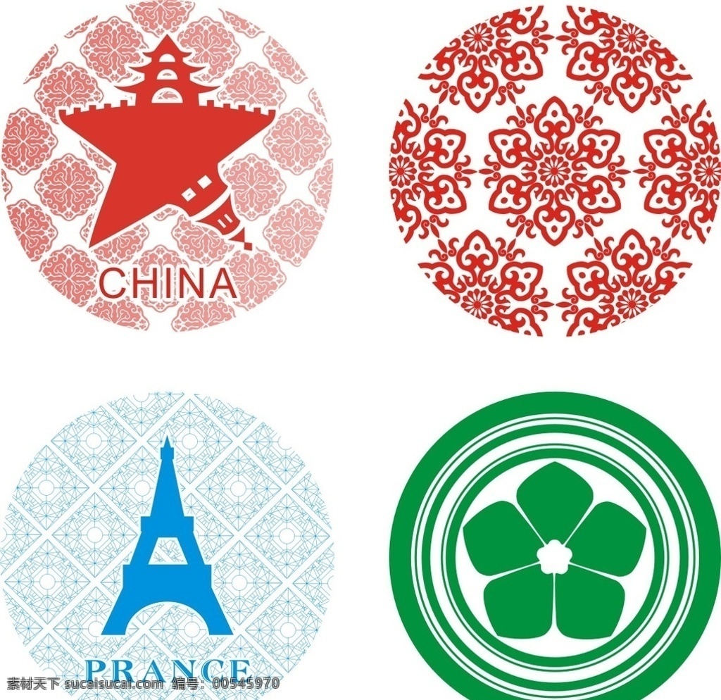 圆形标贴 原标 底纹 四方连续 二方连续 埃菲尔铁塔 巴黎 樱花 日本 中国 标志图标 其他图标