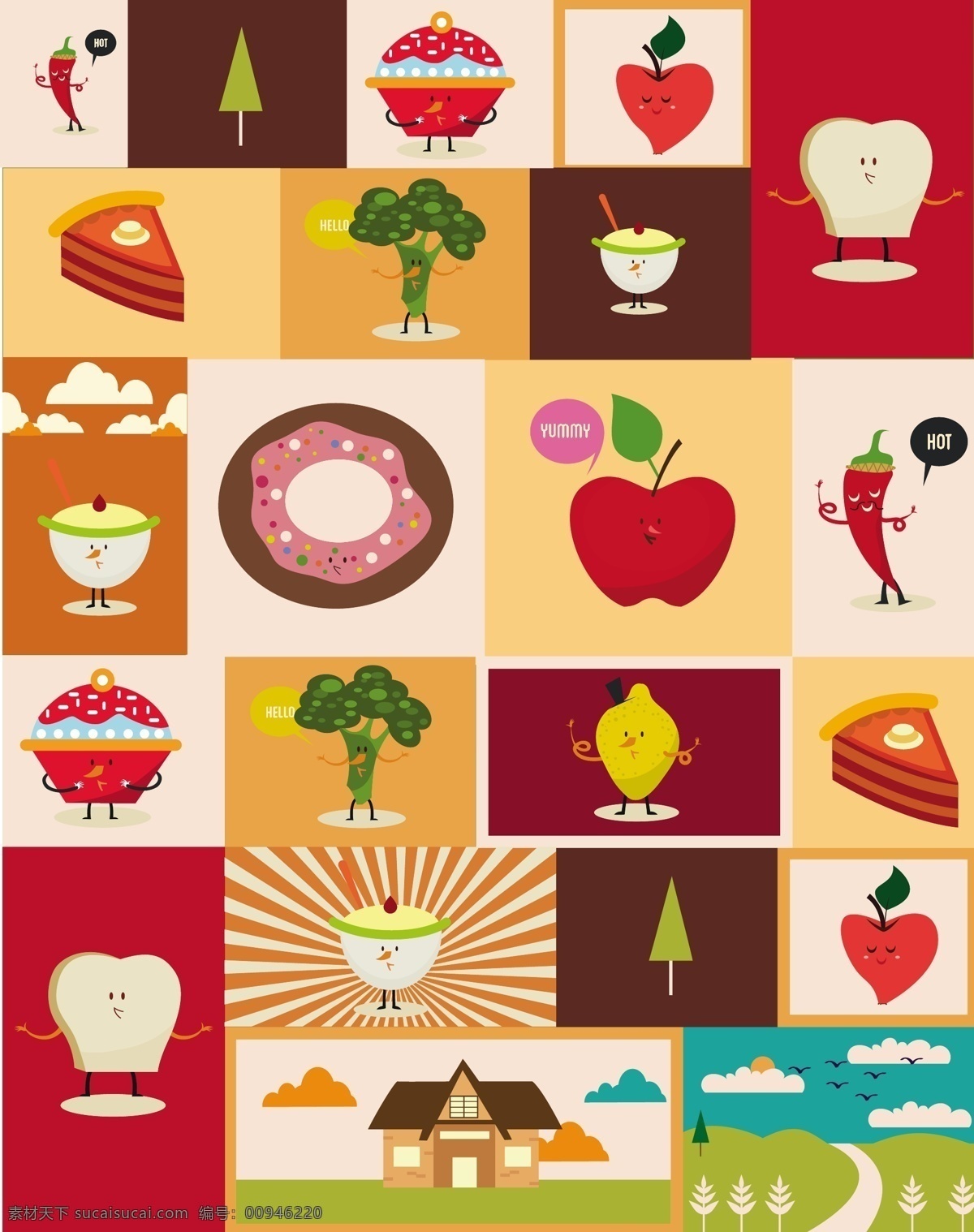 卡通 水果 食物 矢量 复古 面包 披萨 蔬菜 卡通水果食物 拟人化 标签 矢量图 其他矢量图