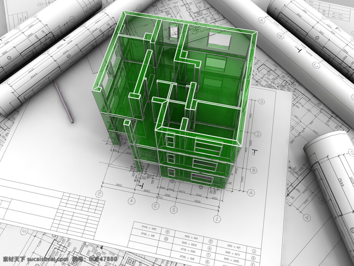 图纸 上 绿色 楼房 房子 建筑 模型 设计图 建筑设计 环境家居