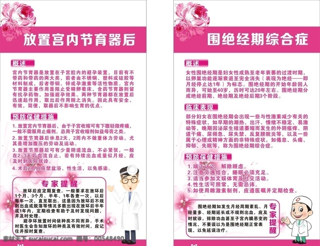 展板 粉色展板 粉色海报 专家提醒 卡通人物 宫内节育器 围绝经期 综合症 预防保健措施