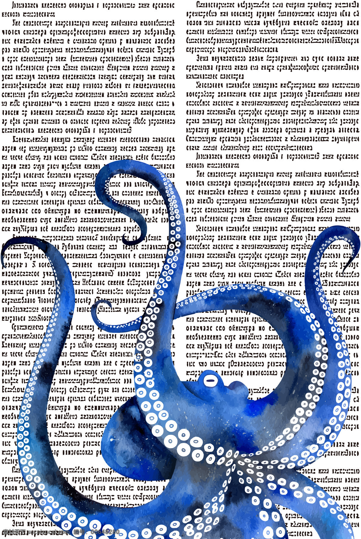 水彩手绘章鱼 插图 水彩画 手绘章鱼 八爪鱼 蓝 报纸素材 环境设计 无框画