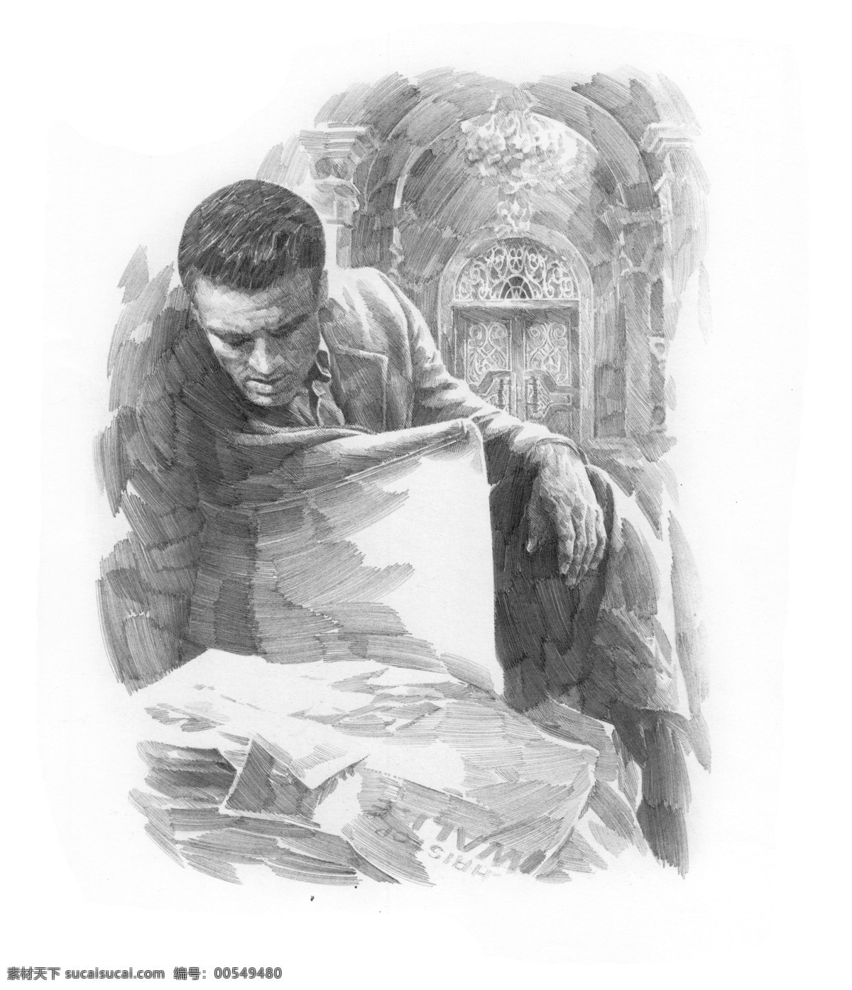 场景素描 经典素描 素描头像 头像素描 素描 素描场景 头像 肖像 人物 老外 线描 线稿 线条 人头像 大师作品 大师范画 范画 服装 衣服 房子 建筑 报纸 男人 经典素描作品 绘画书法 文化艺术