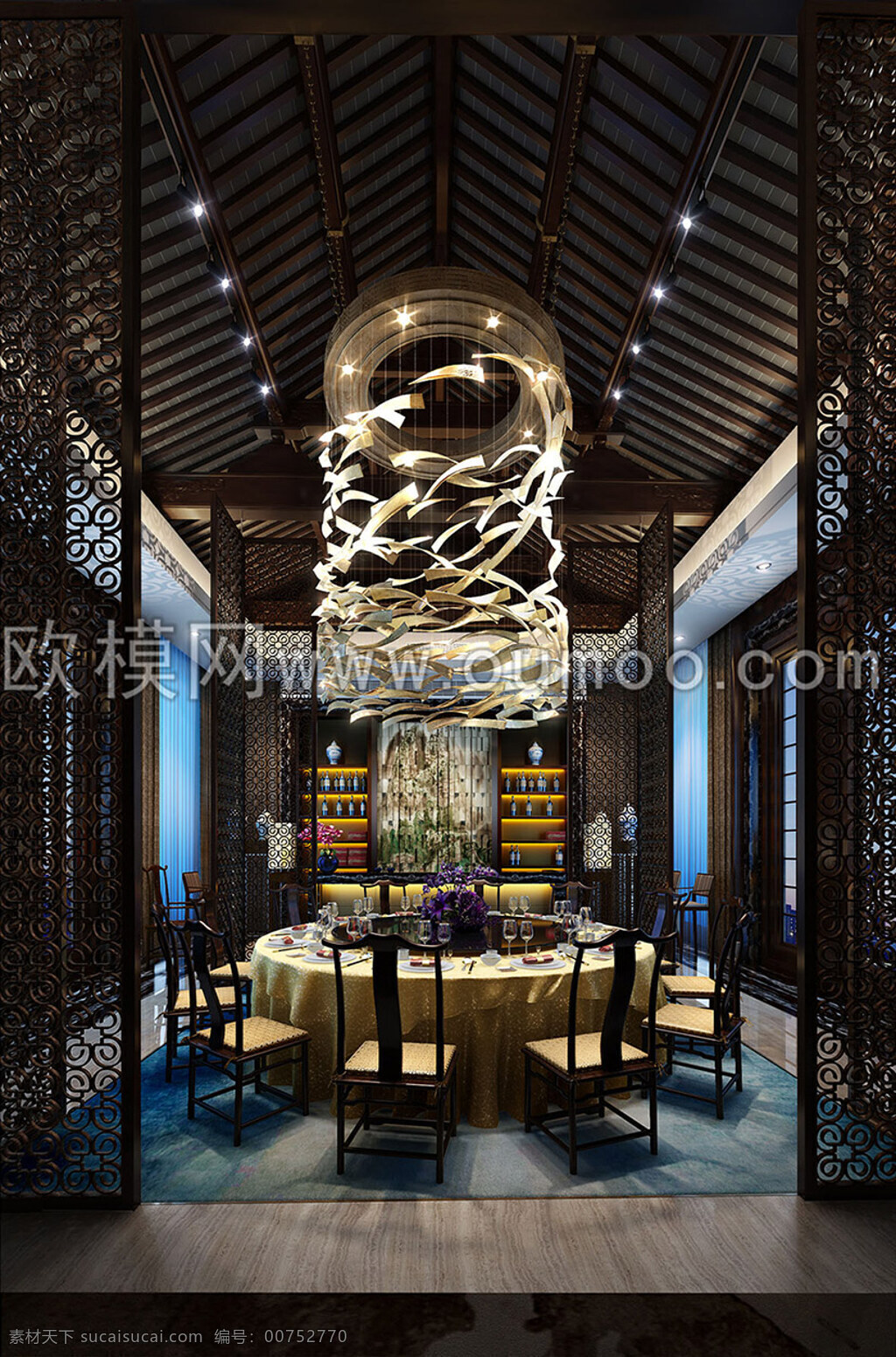 中式 酒店 奢华 餐厅 包间 大气吊灯 木地板 餐桌椅 3d渲染 3d模型 家装模型 效果图