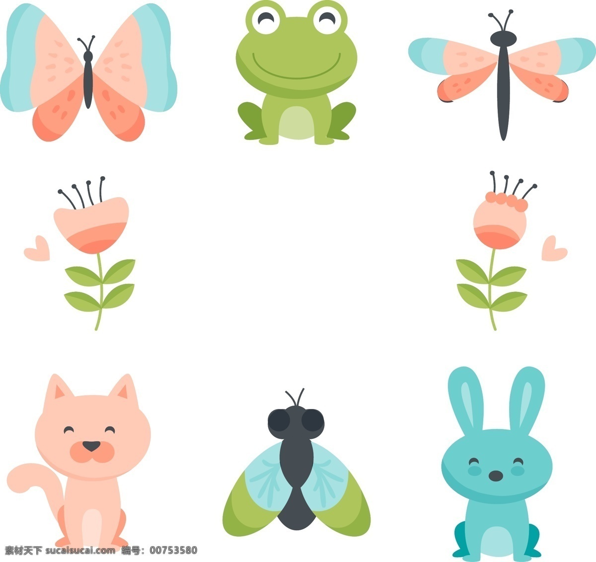 春天的动物 青蛙 兔子 蝴蝶 花 猫咪 蜻蜓 矢量分享素材 动漫动画
