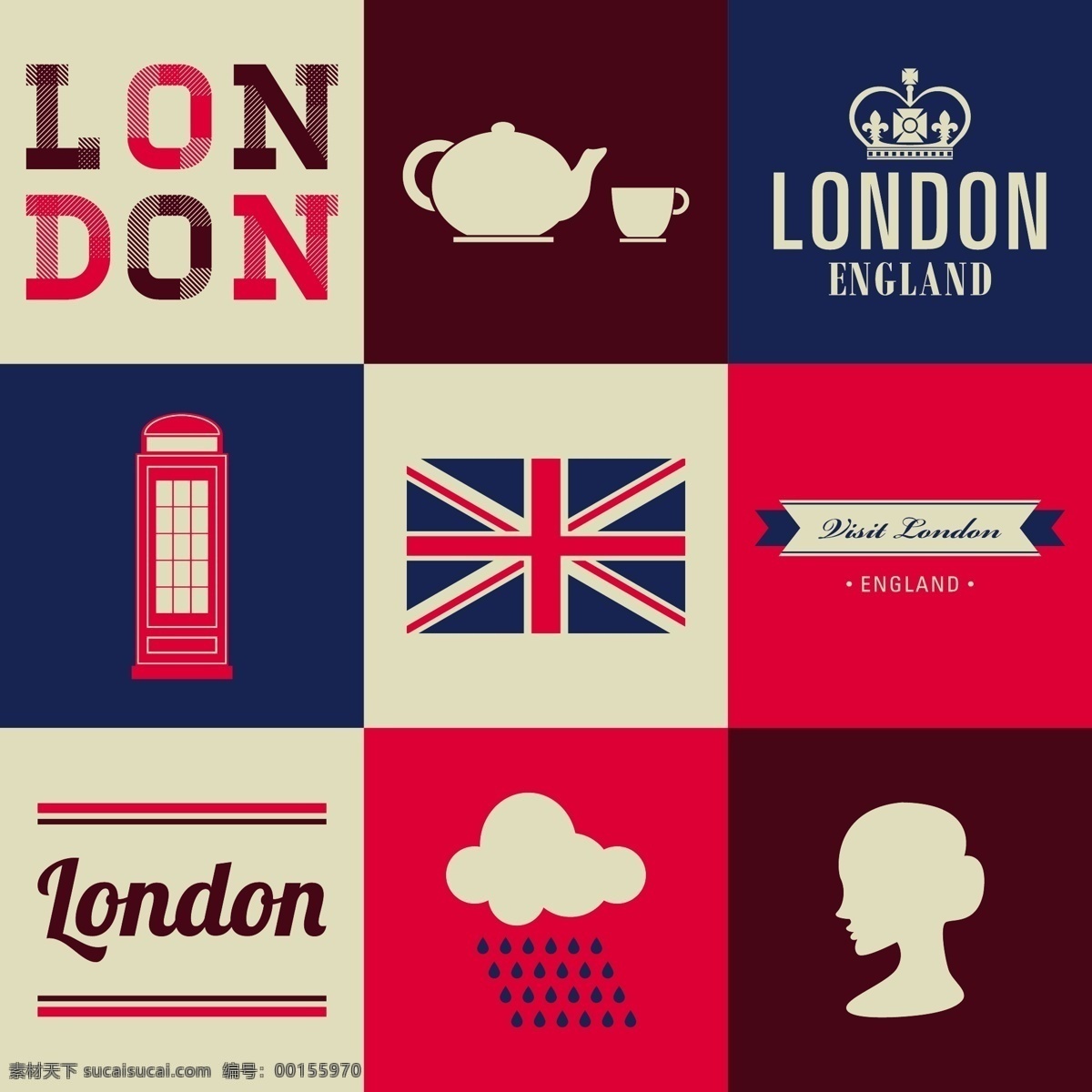 伦敦 英国 国旗 云 公交车 电话亭 茶壶 女王 矢量设计 矢量