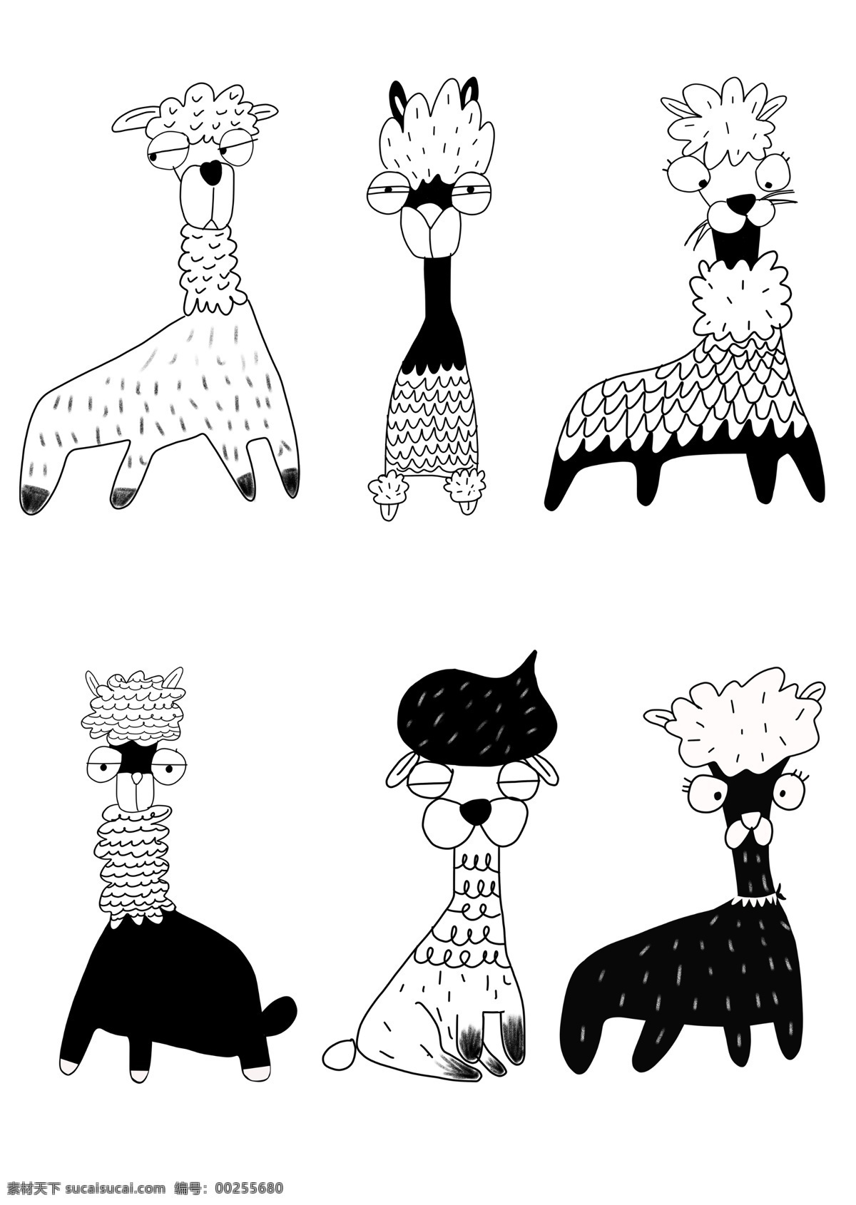 手绘 黑白 简约 可爱 动物 元素 羊 驼 插画 套 图 涂鸦 动物元素 羊驼插画 羊驼 手账 儿童画