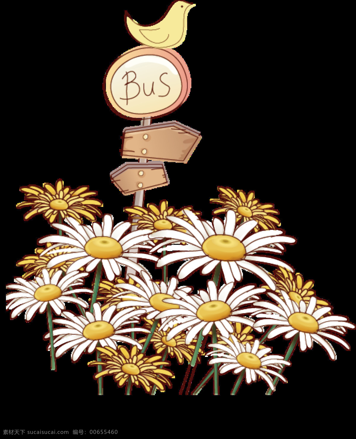 清新 花园 手绘 菊花 装饰 元素 花朵 深黄色 小鸟 植物 指示牌 装饰元素