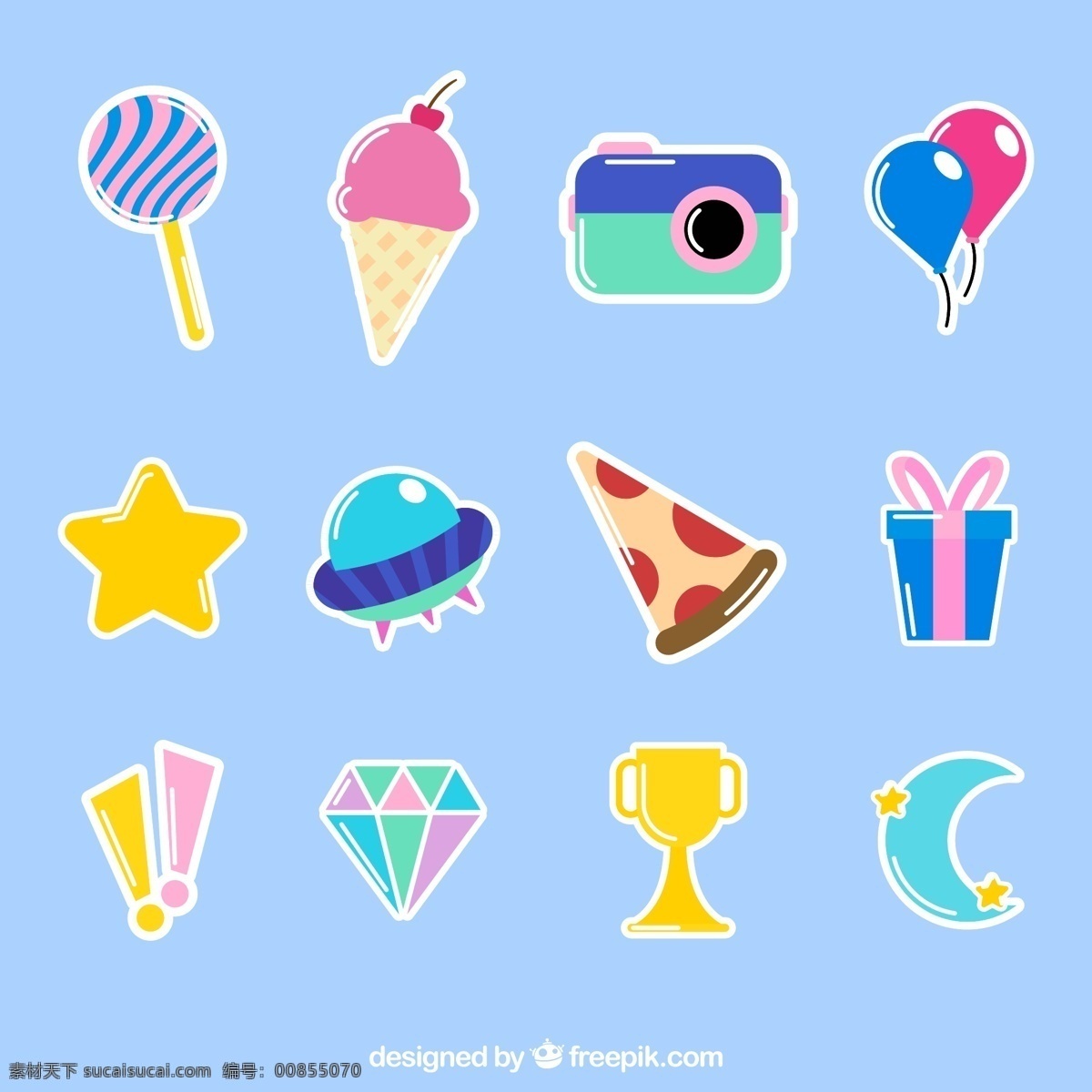 彩色 图案 贴纸 棒棒糖 冰淇淋 照相机 气球 星星 源文件 矢量 高清图片