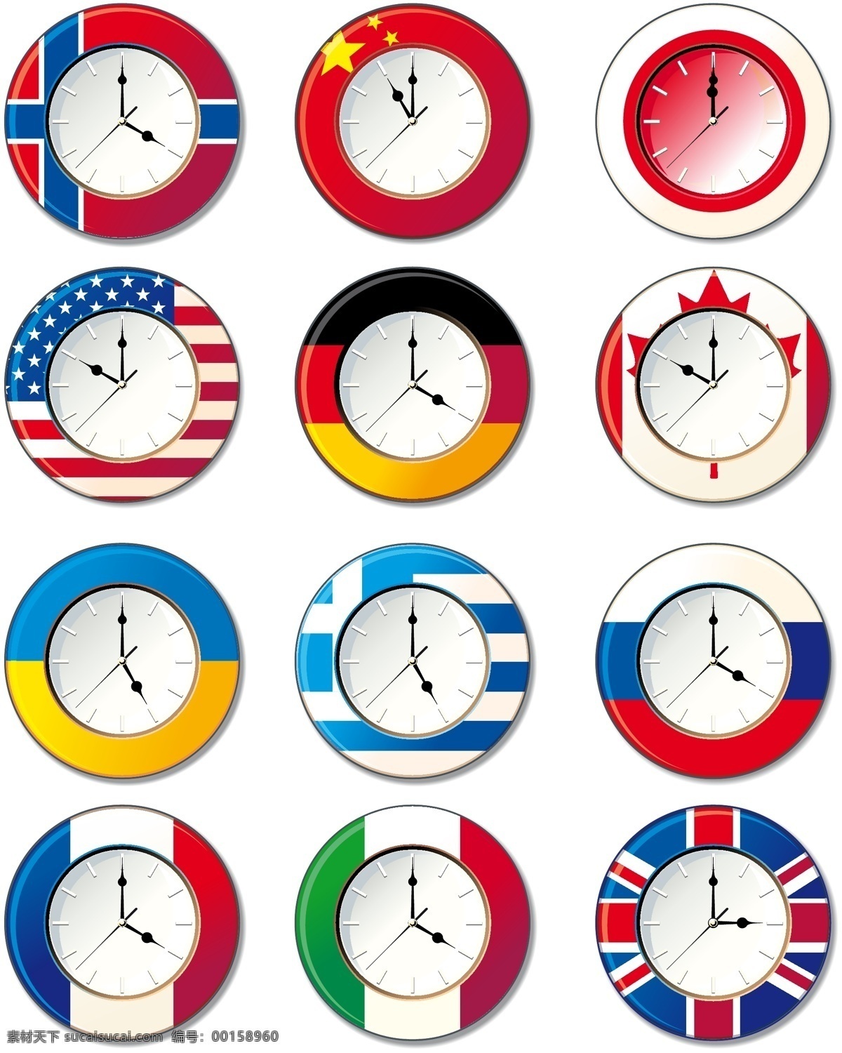 不同 向量 时钟 表 国旗 日本 时间 图标 英国 中国 总是 柳滩 耻辱的国家 时间域 矢量图 其他矢量图