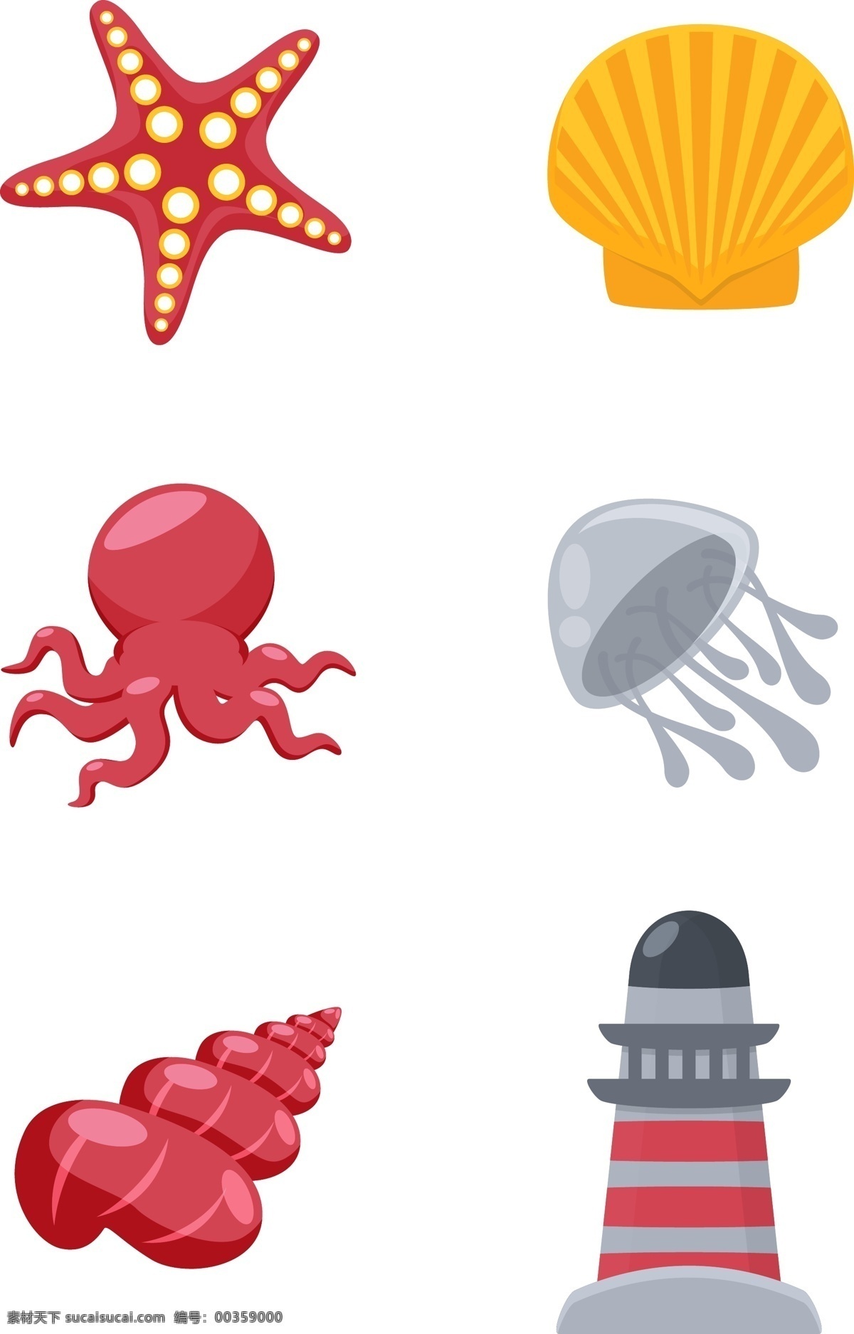 大海 相关 插画 扁平化 拟物 海星 贝壳 章鱼 海母 海螺 灯塔 海边 海底生物 图标 有趣的 可爱的