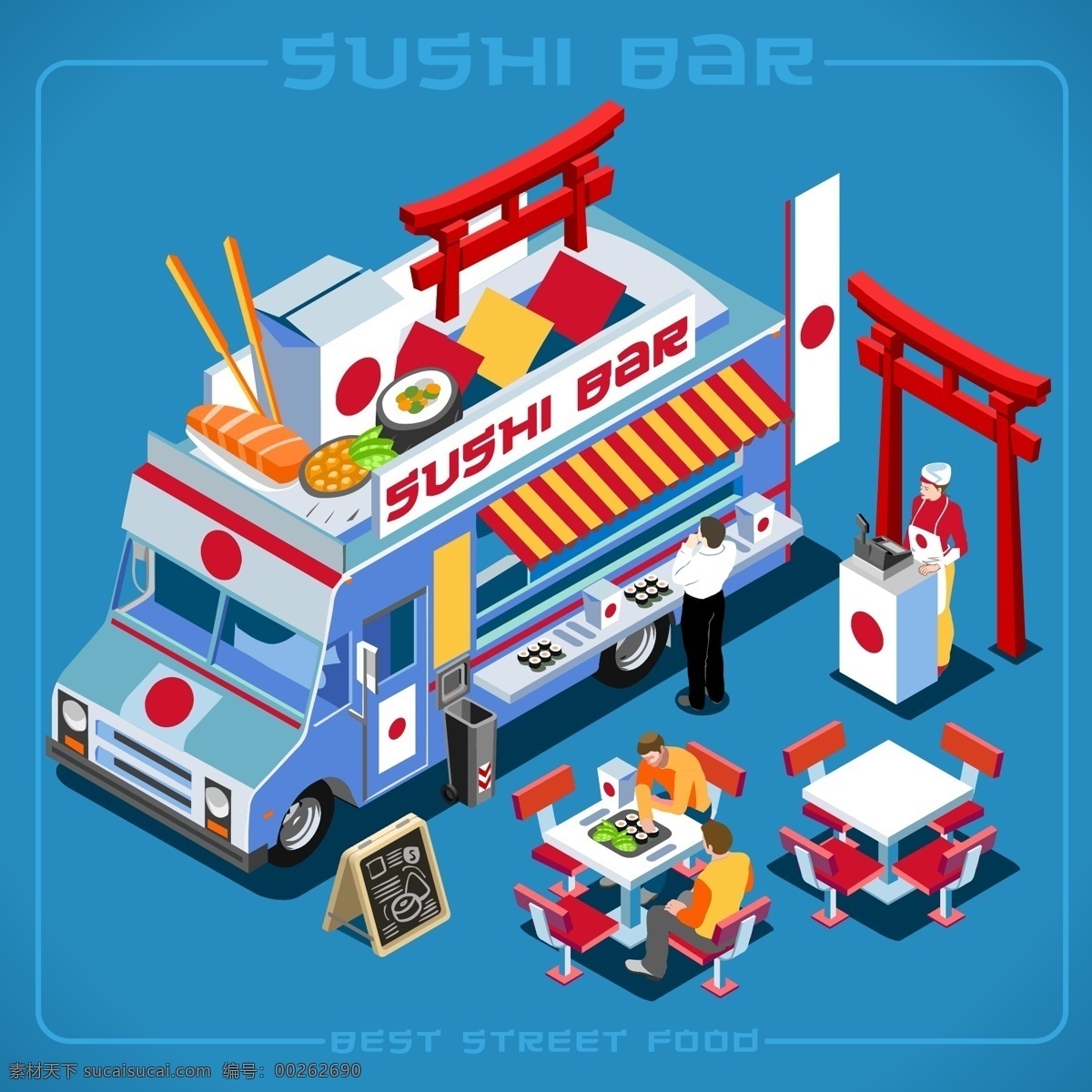 日本 寿司 卡通 立体 快餐 移动 贩卖 车 矢量 美食 车子 汽车 2d 冰淇淋