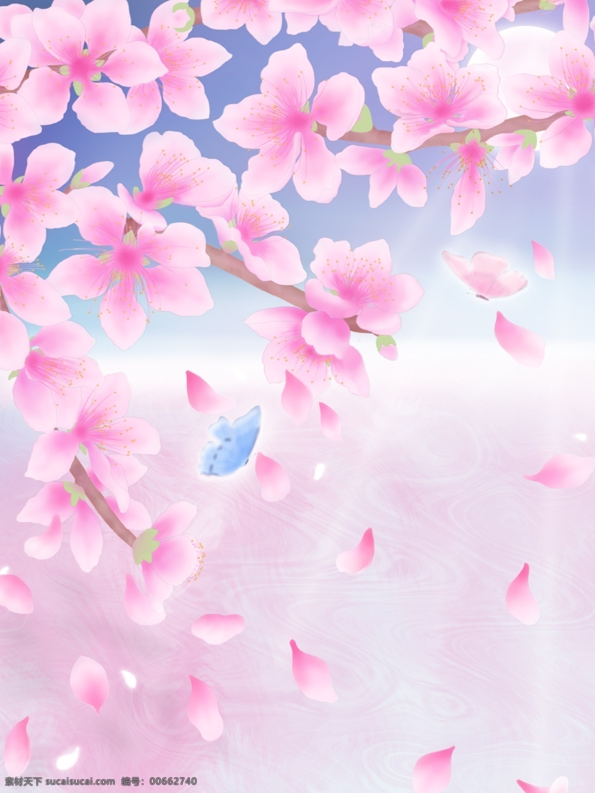 唯美 清新 花朵 海报 背景 桃花 手绘 蝴蝶 粉色 和风 月光 静谧 水纹 天空 浪漫 化蝶