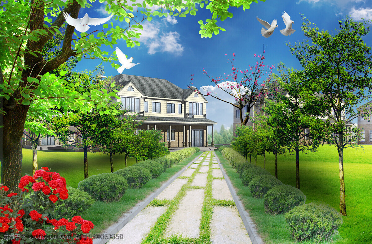 别墅景观 花草 树木 马路 飞鸽 房屋 建筑物 草地 蓝天 白云 景观设计 环境设计