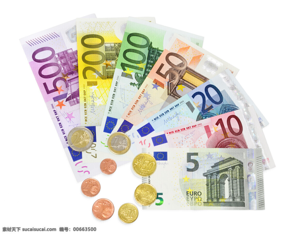 不同 面值 欧元 纸币 硬币 不同面值 货币 金融 流通 金融货币 商务金融