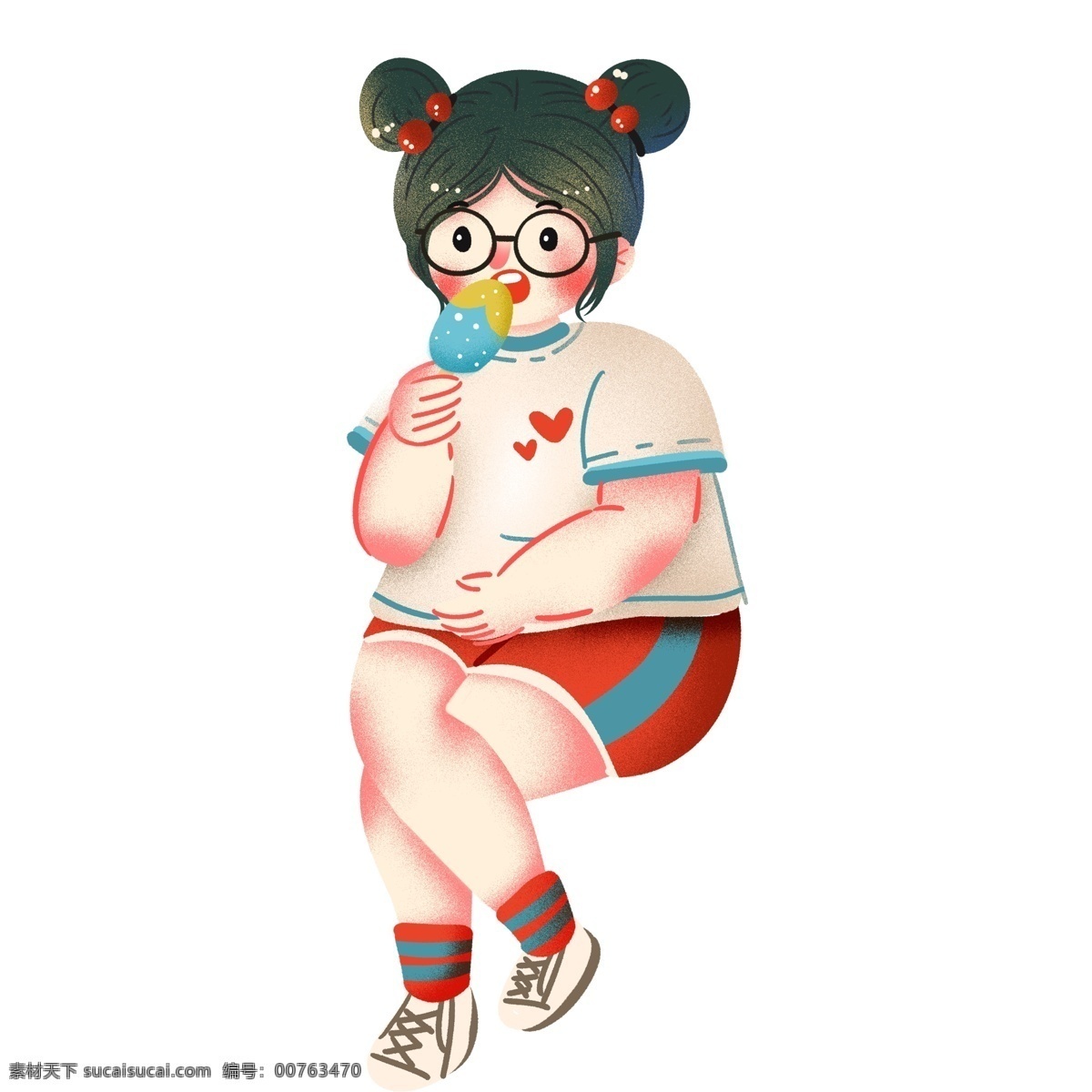 彩绘 可爱 夏天 吃 冰淇淋 女孩子 女孩 卡通 女生 插画 人物 儿童 吃冰淇淋 人物素材