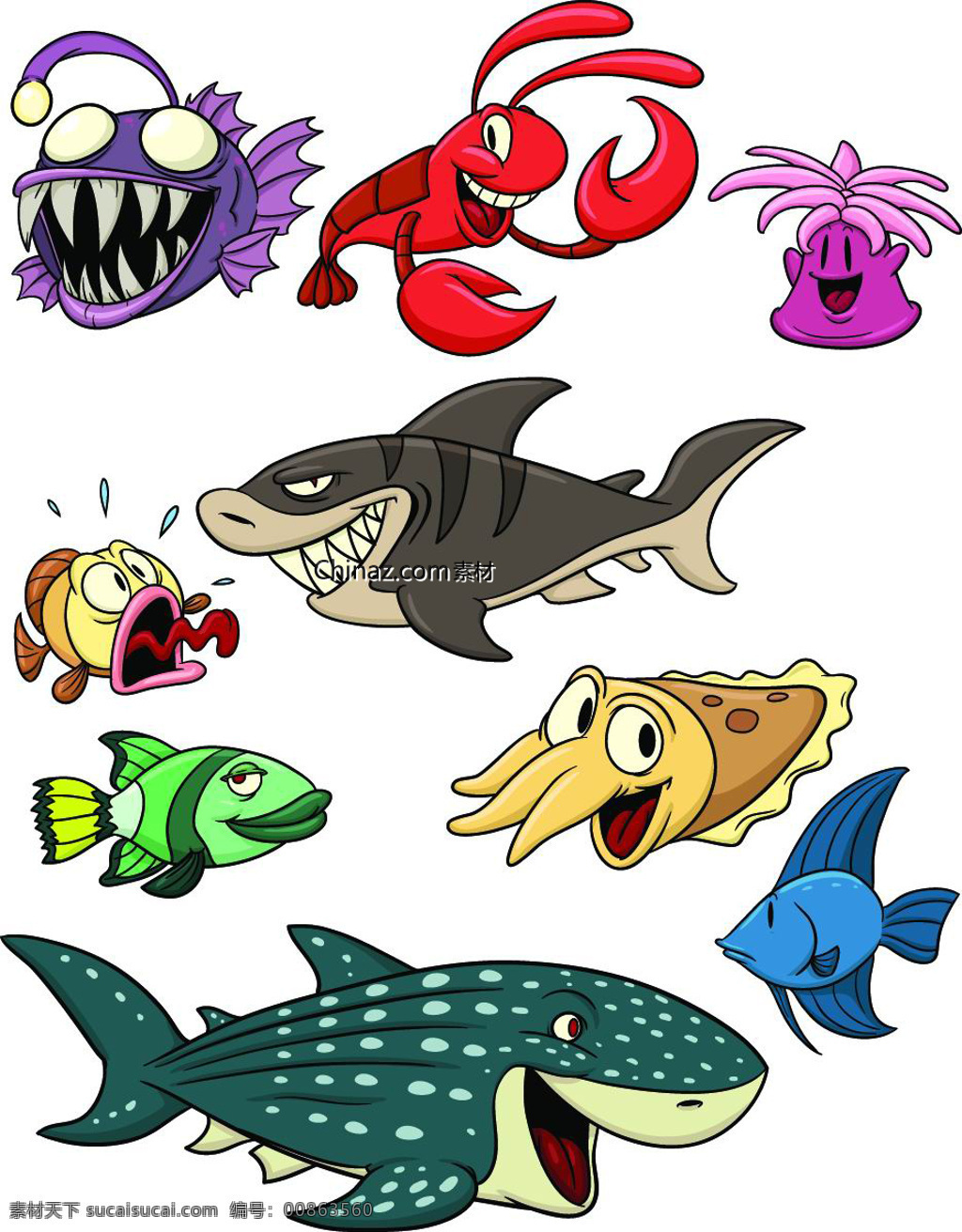 卡通 海底 动物 矢量 海底动物 矢量素材 鱼 鲨鱼 章鱼 八爪鱼 热带鱼 虾 白色