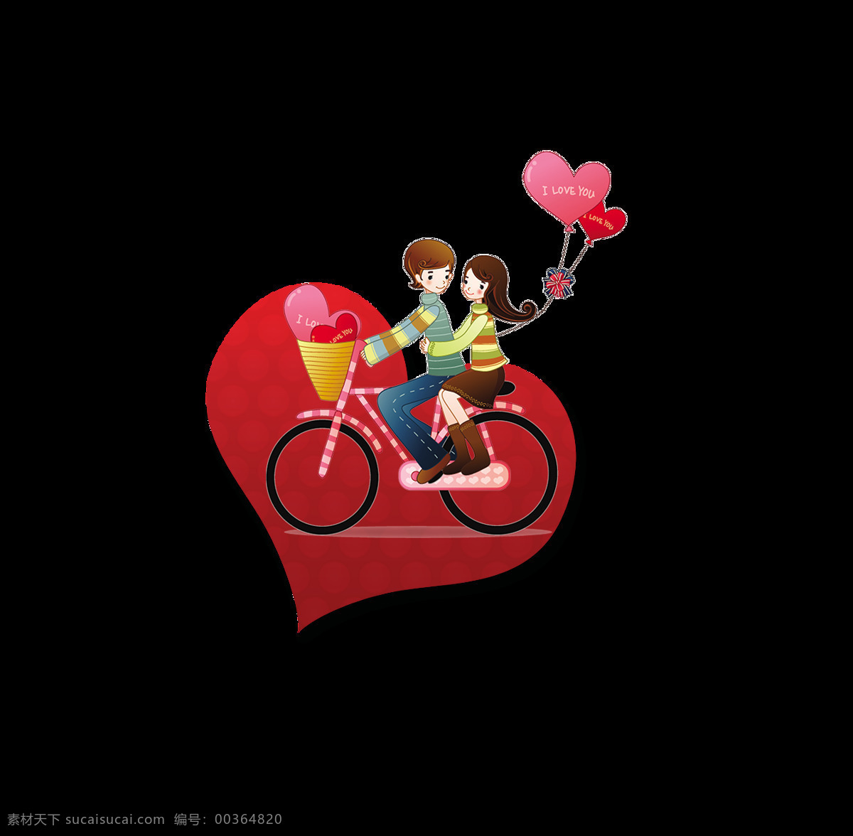 手绘 卡通 心形 情侣 装饰 红色 气球 情人节 骑车 扁平