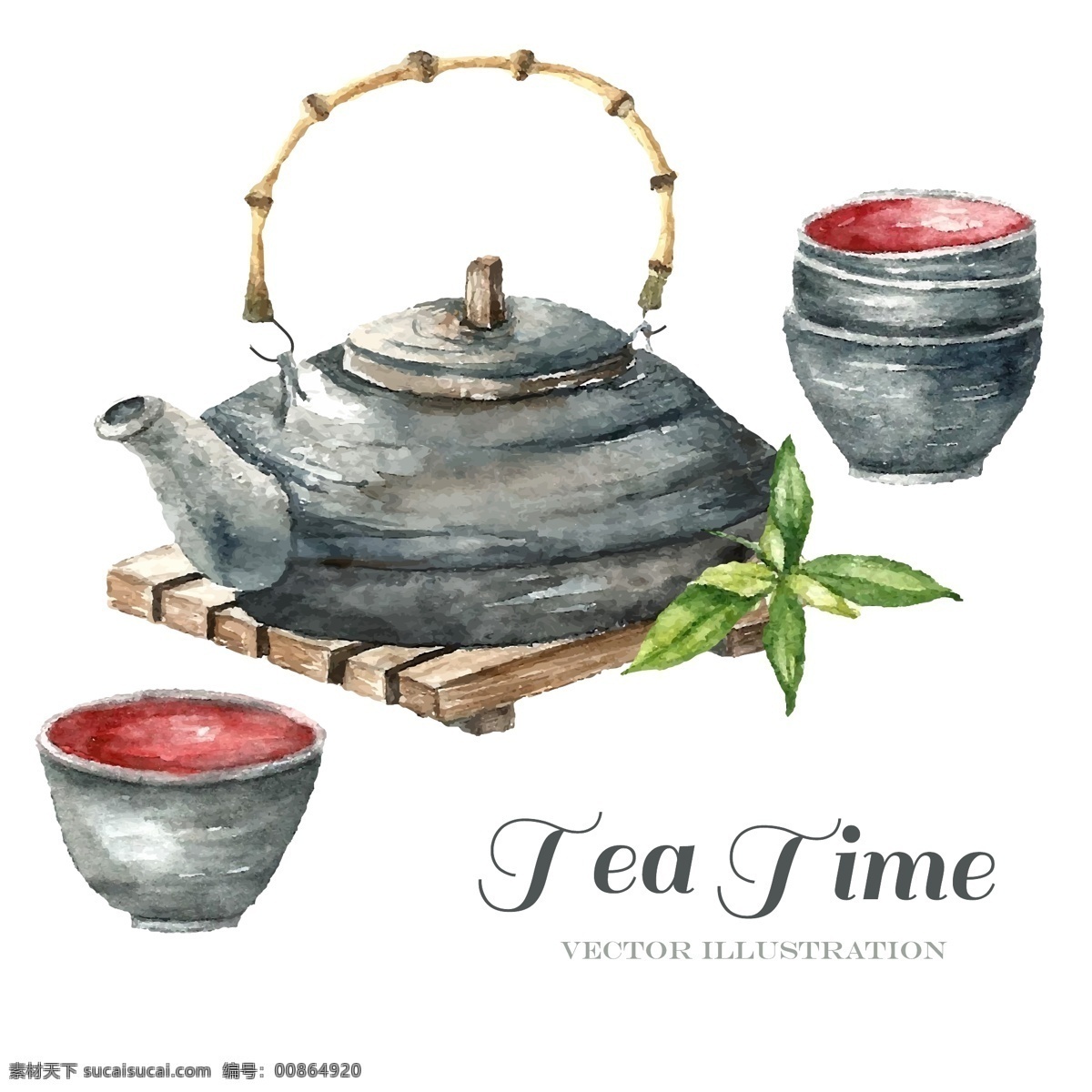 古典 淡雅 风格 手绘 茶壶 茶杯 茶叶 茶 水彩 矢量图