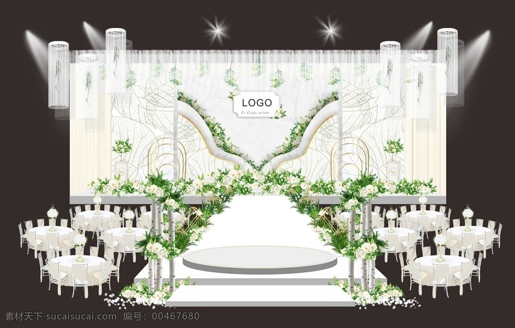 白 绿色 婚礼 效果图 舞台 现场 小清新 白色 环境设计